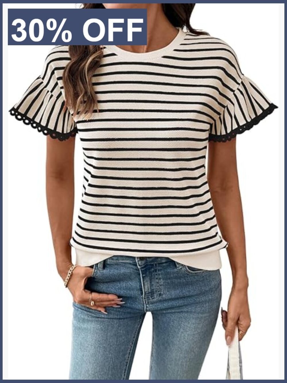 Womens Loose Fit Rib Knit Stripe Short Sleeve Blouse Top Business Casual